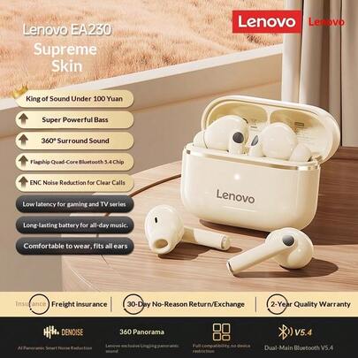 Lenovo Tai nghe nhét tai không dây Bluetooth 5.4  EA230, với tính năng khử tiếng ồn, độ trễ thấp, cuộc gọi chất lượng cao, âm thanh nổi 360°, tai nghe Bluetooth không dây thực sự phù hợp cho thể thao, chạy bộ, làm việc và du lịch.