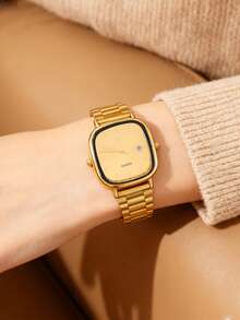 1pc Women's Gold Metal Strap Quartz Watch, Retro Square Calendar Dial, Fashionable Luxury Elegant Commuter Versatile Daily Decorative Wristwatch, Suitable For Women's Daily Wear Or Gift Giving, Christmas, Valentine's Day, Ramadan, Eid, Carnival, Chinese New Year