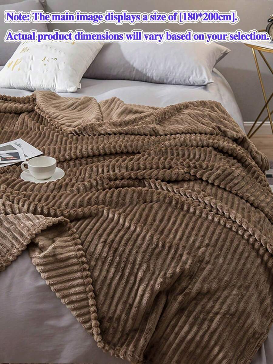 1pc Coffee Striped Flannel Soft & Cozy Throw Blanket, Skin-Friendly For Bedroom And Guest Room