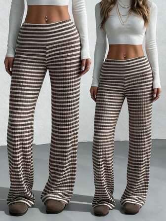 FQLWL 秋季街头时尚复古女装高腰条纹喇叭裤返校感恩节穿搭