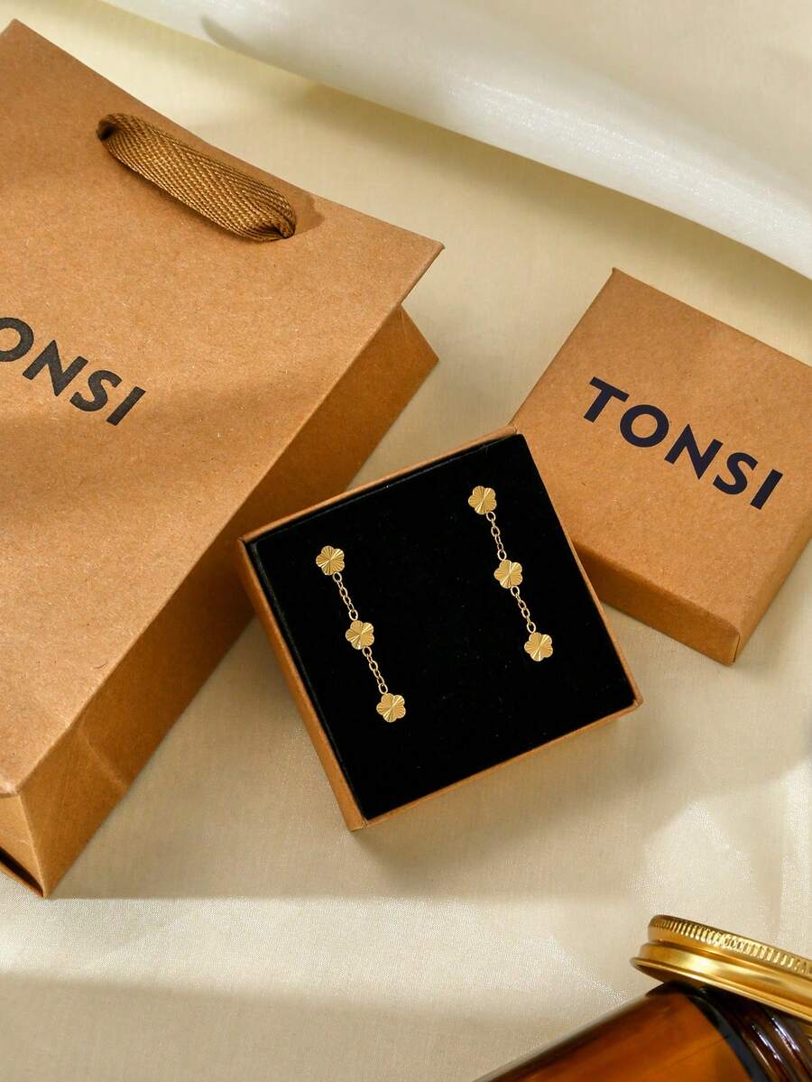 TONSI 1 Pair 18K Gold Plated Stainless Steel 5-Leaf Flower, 5-Leaf Clover Tassel Earrings, Floral Earrings, Elegant Fashion Jewelry Suitable For Women's Daily, Commute, Festivals, Parties. Great Gift For Friends, Mothers, Lovers, Jewelry Box, Christmas Gift - Gold - View 1