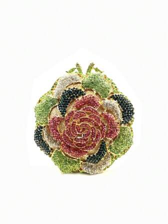 Bolso de mano de noche con flores de rosa y cristales, bolso de mano con adornos de cristal y metal calado para mujeres