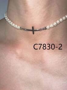 1pc Grey & White Faux Pearl Beaded Cross Necklace, Fashionable Luxurious Multi-Color Copper Necklace, Gothic Style Suitable For Men & Women, Party & Daily Wear, Jewelry Gift - Multicolor - View 17