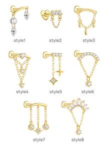 1pc 925 Sterling Silver Tassel Chain Earring, Delicate Cartilage Ear Stud, Flat Back Earring For Women - Gold - View 14