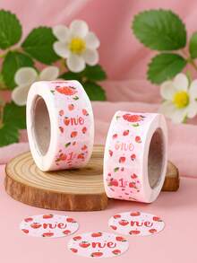 500张/卷 甜美草莓一周岁生日自粘标签贴纸，可爱草莓主题婴儿派对装饰，性别揭晓派对防水贴纸，草莓主题生日装饰，婴儿派对回礼，新生儿派对礼品包装封口贴纸，礼品标签，信封，礼品盒，笔记本电脑贴纸，婴儿派对贴纸 - 草莓 - 查看 7
