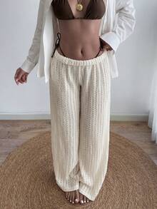 女士休闲纯色奶油色纹理透视性感提花宽松长裤，适合夏季度假、海滩、运动、日常穿着、情人节约会 - 杏色 - 查看 7