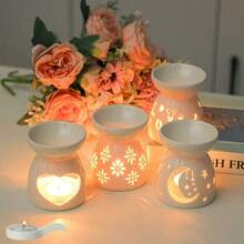 2.7" X 3.4" Delicate Mini Ceramic Hollow Floral, Heart, Moon & Star Shaped Aromatherapy Candle Holder, Fragrance Oil Diffuser Burner, Suitable For Home, Valentine's Day, Party, Halloween, Holiday, Autumn, Winter, Decoration, Gift - White - View 10