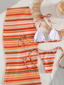 3pcs Bohemian Allover Print Striped Backless Tie-Back Sexy Beach Vacation Bikini Set, Spring/Summer - Multicolor - View 3