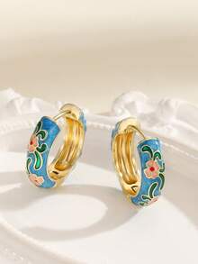 1对时尚铜质花朵图案耳环，女士女孩饰品 - 藍色 - 查看 3