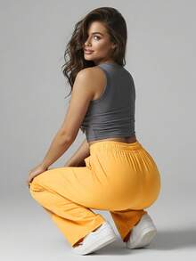 Comfortable Women's Wide-Leg Sweatpants, Soft, Structured Fit, Casual, Basic, Plain, With A Faux Drawstring. - Mustard Yellow - View 4