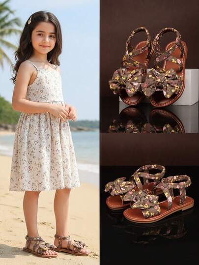 1 Pair Flat Sandals With Printed Toe, Bow Decor, Criss-Cross Ankle Strap, Soft Insole, Simple Round Toe Design, Non-Slip, Lightweight, Cute Roman Beach Sandals Suitable For Girls Aged 3-15 For School, Beach, Daily Casual, Spring/Summer