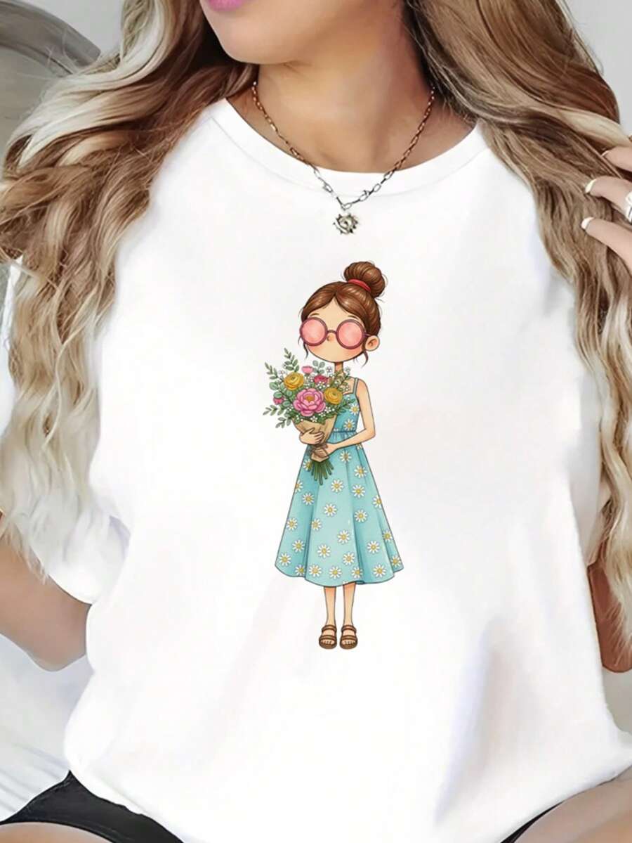 Women's Round Neck T-Shirt With Girl And Flower Print, Fashionable Women's T-Shirt With Girl And Flower Print, Casual Short-Sleeved T-Shirt, Women's Blouse On , Comfort For All Seasons - 白色 - 查看 1