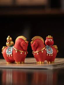 传统中式马摆件 - 红金财神像，树脂桌面摆件，适用于开业典礼、乔迁之喜、生日礼物 - 无需电源，吉祥风水摆件，招财纳福，新年礼物 - 紅色 - 查看 7