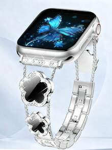 1pc Watch Band, Five Leaf Clover Diamond Silver Copper Strap, Summer Flowers Metal Bracelet,Compatible With Apple Watch 38/40/41/42/44/45/46/49 Mm, Compatible With Apple Watches Series Ultra3/2/1/Se/11/10/9/8/7/6/5 4/3/2/1 - Black Silver - View 2