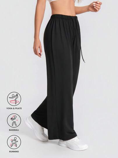 1pc Women's Casual Solid Color Drawstring Sweatpants, Soft And Loose Yoga Pants, Gym And Outdoor Wear Black Spring