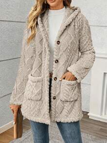 Women's Comfortable Faux Fur Winter Jacket, Front Button And Pocket - Long Casual Style, Solid Color, Button Design, Suitable For Cold Weather, Winter Casual Wear | Button Jacket | Durable Jacket, Women's Winter Clothing, Women's Jacket, Women's Winter Jacket, Women's Fleece Jacket - 淺灰色 - 查看 2