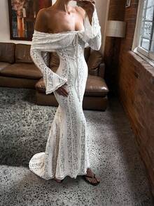 فستان أنيق عتيق رومانسي وجذاب، فستان مرصع بالدانتيل عالي الجودة بأكتاف مكشوفة وأكمام واسعة مفلفلة وقصة مرمر، مناسب للمناسبات الرسمية والحفلات والزفاف