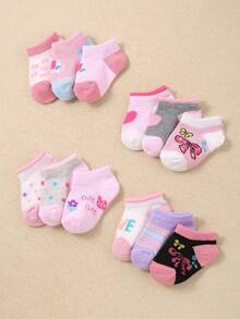 24/12/6 双装婴儿袜，幼儿女童撞色图案袜，超柔软弹力舒适日常袜，0-36 个月，适合春/夏/秋/冬四季，婴儿袜，女童袜，幼儿袜，短袜，印花袜，女童礼盒套装，生日礼物，圣诞礼物 - 彩色 - 查看 4