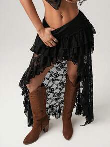 Womens Lace Skirt Summer New Irregular Design Sheer Hollow Out High Waist Slim Fit Skirt - 黑色 - 查看 2