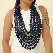 Handmade Multi-Layer Exaggerated Wooden Bead Necklace, Boho Style Bib Necklace For Women, Suitable For Beach, Party, Middle Eastern Formal Occasions, Beautiful Jewelry - Navy Blue - View 1