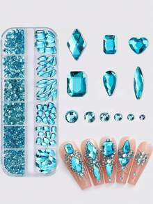 1101 hạt đá trang trí móng tay pha lê nguyên chất - Kim cương & đá quý màu xanh hồ sáng bóng, nhiều kích cỡ & hình dạng, phụ kiện trang trí móng tay DIY - cái hồ màu xanh - Xem 1