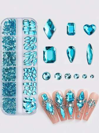 1101pcs Pure Crystal Nail Rhinestones - Shiny Lake Blue Diamond & Gems, Multi-Size & Shape Nail Charms DIY Jewelry Decorations