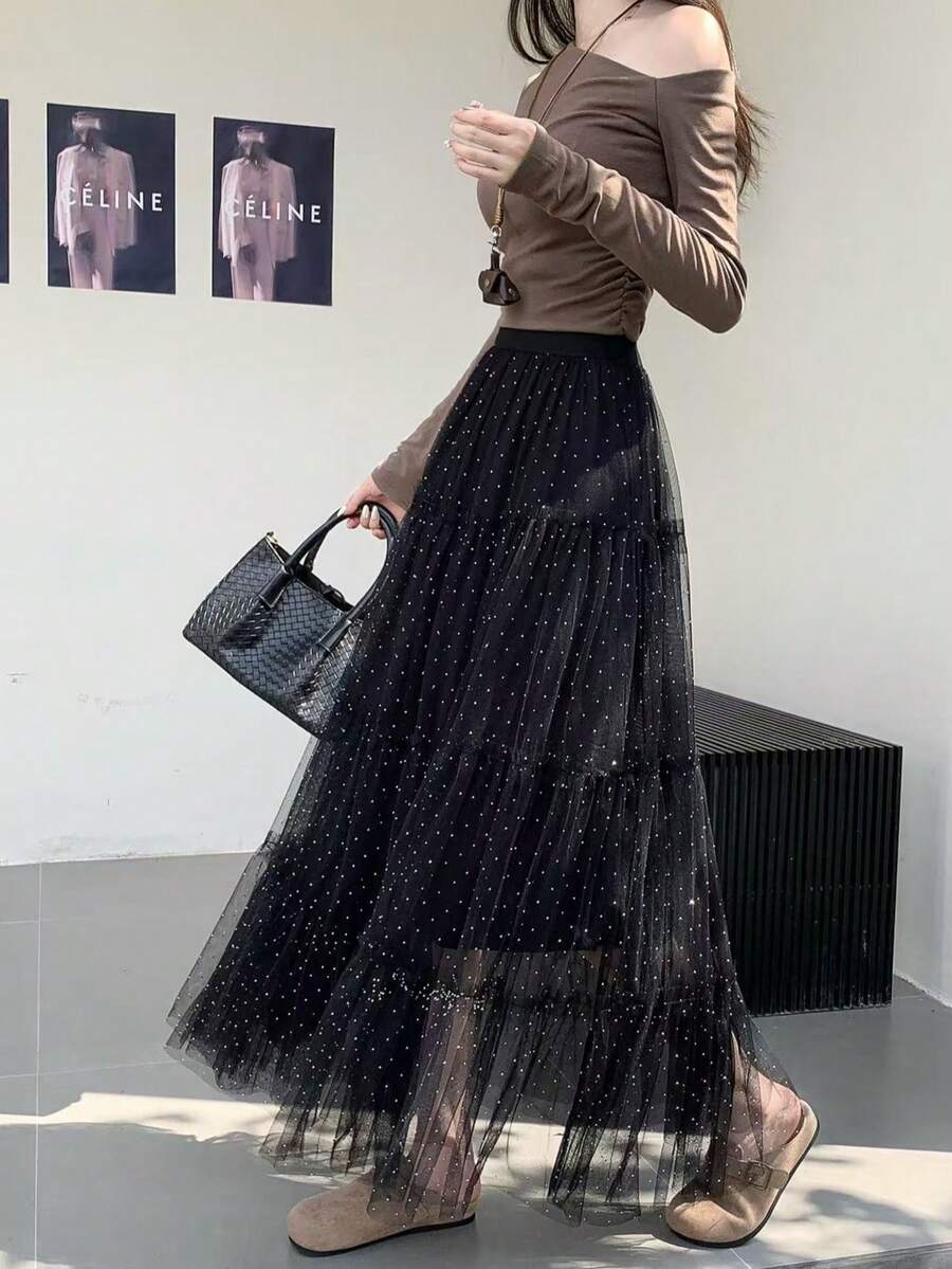 Flat Tulle Skirt With Flat Bottom And Sparkling Diamonds, Gauze Skirt, Mid-Length Skirt, Fairy Seam, A-Line, Large, Swing Slim - 黑色 - 查看 1