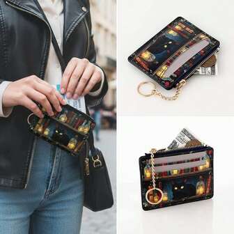 Tarjetero cuadrado de moda con impresión de gato de dibujos animados en estantería para mujeres, mini billetera, billetera pequeña, llavero, tarjetero