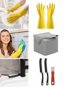 Household Cleaning Set, Non-Slip & Protective Rubber Gloves, Kitchen Cleaning Sponge Cloth, Kitchen Cleaning Supplies, Essential For Kitchen, Bathroom, Living Room, Toilet, Window Sills, Faucets, Stove Gaps, Home Cleaning Household Items (Random Delivery) - Yellow - View 6