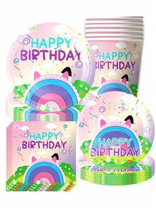 10pcs Cute Cartoon Rainbow Ear Themed Party Supplies: Paper Plates, Paper Cups, Napkins, Tablecloths, Banners, Birthday Party Supplies, Camping, Camping, Travel Essential Supplies Animation - Multicolor - View 1