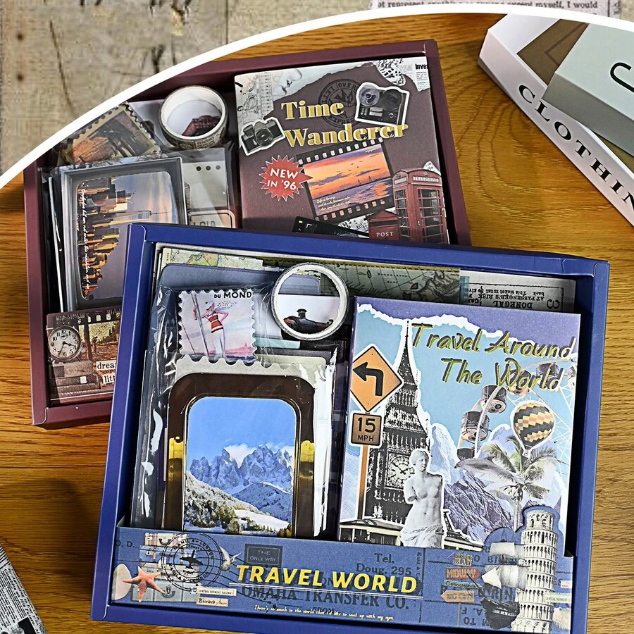 Travel Memory Notebook Gift Set, Ins High-Quality Global Travel Sticker Materials, Notebook Set, Note-Taking Book, Gift - Multicolor - View 1