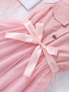 Girls' Casual Solid Color Sleeveless Collared Mesh Dress With Belt, Summer - Pink - View 7