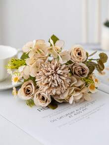 1/3/80pcs 11.22" Artificial Hydrangea, Rose, Daisy, Chrysanthemum Flower Combination, Suitable For New Year Party, Wedding, Birthday Anniversary, Fireplace And Dining Table Decor, Indoor/Outdoor Home Decoration, Wreath Making, Thanksgiving Decor, DIY - Coffee Brown - View 4