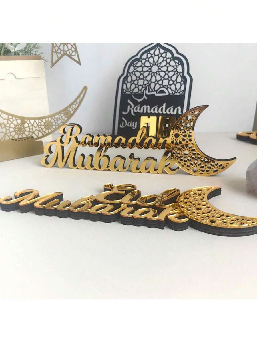 1pc Ramadan Kareem Acrylic Wooden Table Ornaments Sign Hanging Durable Eid Mubarak Decorations For Ramadan Mubarak Party Decorations,For Table Centerpieces,Office,Fireplace Home Decor - Multicolor - View 1