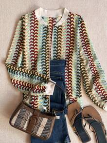 Women's Casual Shirt, Fashionable Textured Tie-Dye Pattern, Ribbed Crew Neck And Cuffs, Drawstring Hem Design, Lightweight Zip-Up Jacket, Spring/Summer