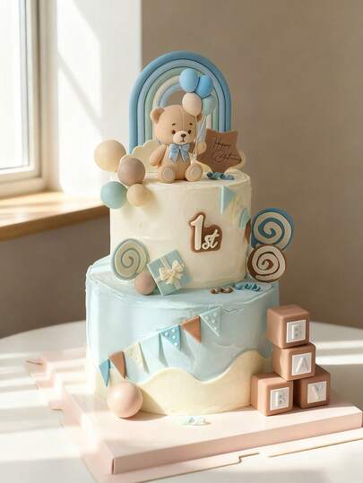 1pc Blue Bow Teddy Bear Soft Plush Doll, Cartoon Balloon Bear Cake Decor, Children's Birthday Party Dessert Table Decoration, Baby Shower Gift