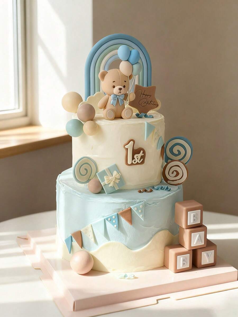 1件裝嬰兒1歲生日蛋糕裝飾插牌，熊彩虹雲朵字母積木樹脂裝飾，甜美風格，適用於嬰兒洗禮與1歲生日派對蛋糕裝飾