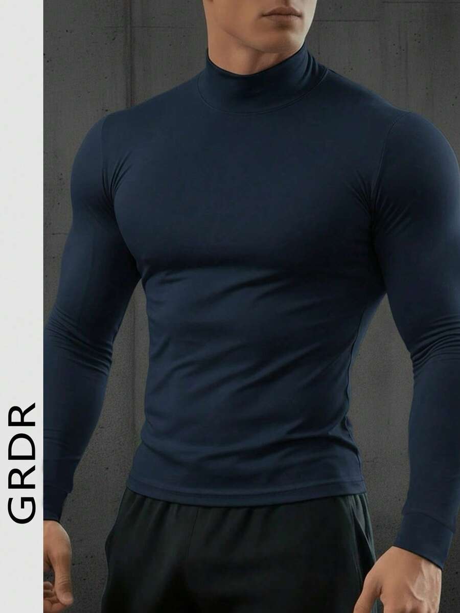 GRDR 男士休闲半高领长袖T恤，日常穿着，休闲通勤。