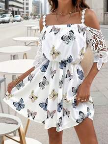 Women's Butterfly Print Lace Sleeve Off-Shoulder Dress - Lightweight Summer Casual Knee-Length Asymmetric Hem H-Line Beach Picnic Outfit - White - View 4