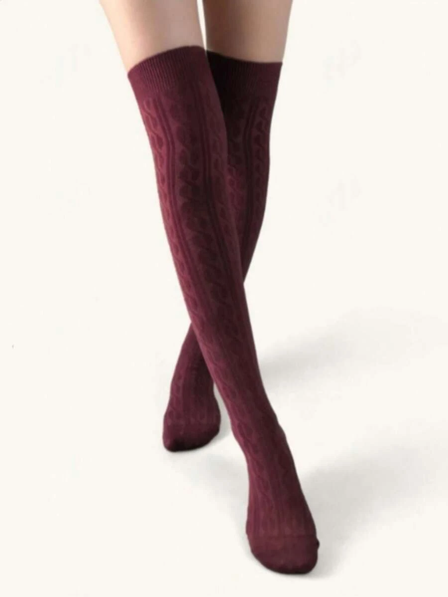 1 Pair Cable Knit Over-The-Knee Socks - Burgundy - View 1