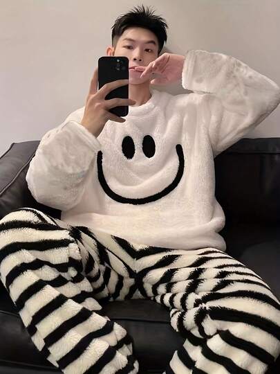 Men'S Casual Style Cartoon Embroidered Pajama Set, Polyester Crew Neck Long Sleeve Pullover Top And Regular Fit Pants, Fall/Winter Warm Fleece Home Wear Sleepwear Set With Slight Stretch Knit Fabric