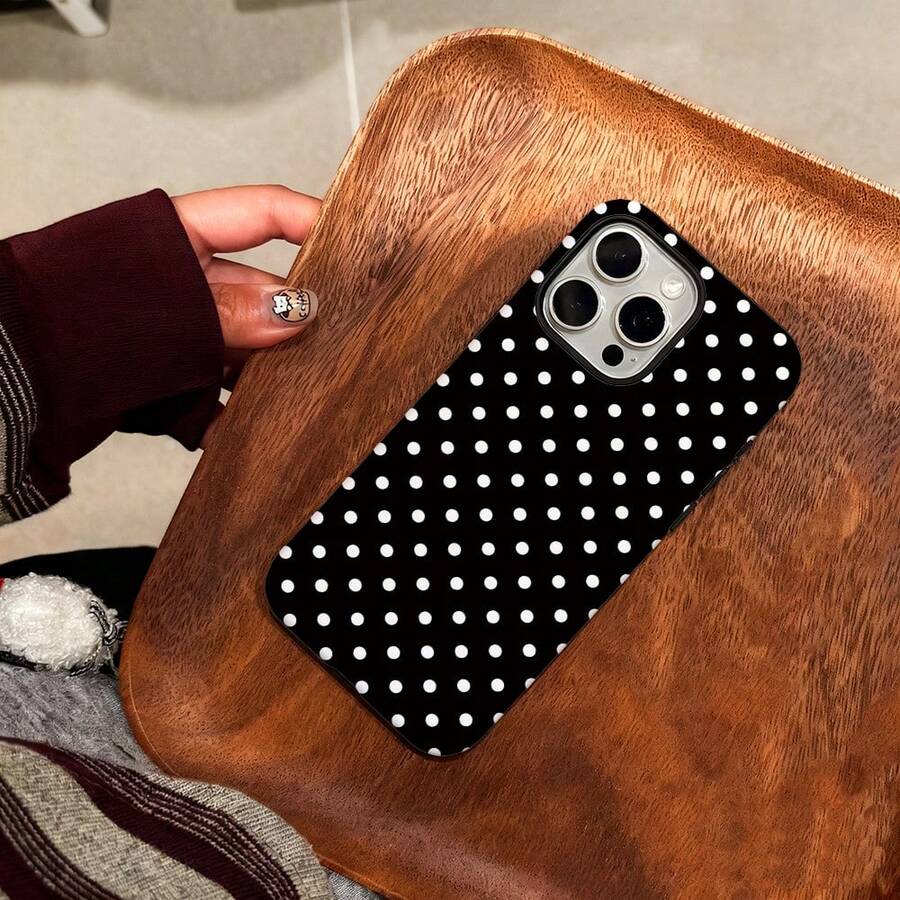 1pc Black & White Polka Dot Pattern Printed Phone Case, Fashionable French Minimalist Cute Boho Style Mini Dot Elements UV Printing Soft Leather Case Compatible With Apple/ Galaxy S24 Ultra, 17 Pro Max/16 Pro Max/12 Pro/13/14 Plus/15 Pro Max/16 Pro Max, 11/13 Pro - Black - View 1