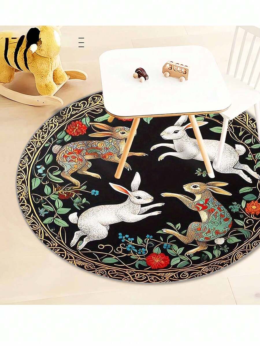 100% Polyester Rabbit Design Round Rug, Hand Washable, Machine Washable, Indoor Use, Suitable For Living Room, Bedroom, Game Room Decor