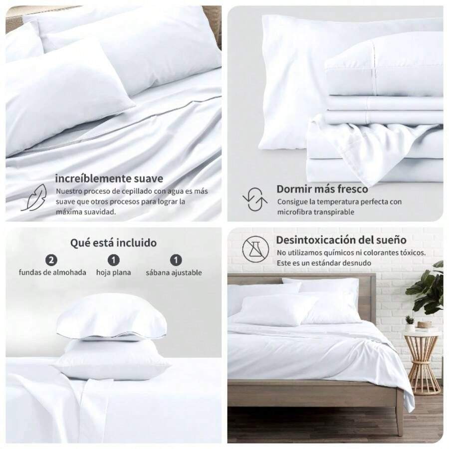 Juego de Sbanas de 4 Piezas, Sbanas de Microfibra de Lujo de Hotel Doble Cepillado Blanco, - Queen + Blanco - Ver 1