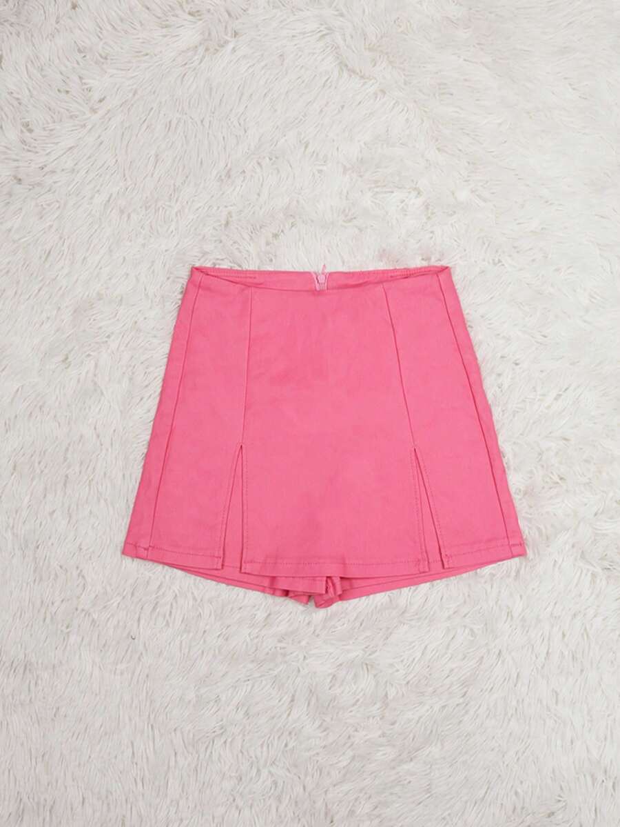 狂歡朋克粉色高腰彈力分割式pu皮革俱樂部緊身迷你裙褲 - 玫紅色 - 查看 1