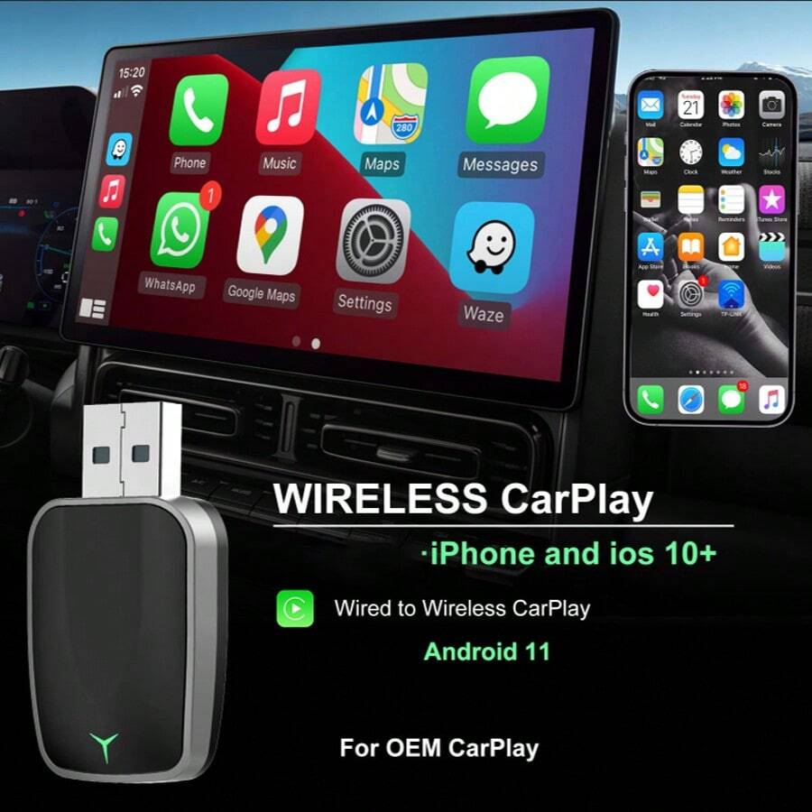 Wireless CarPlay Adapter - Wireless CarPlay Adapter For Vehicles From 2016 Onwards, Plug-And-Play Wireless Control For In-Car CarPlay - Black - View 1