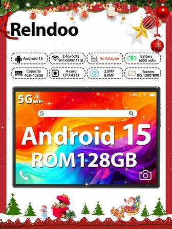 Relndoo Android 15 Tablet, (4GB+20GB) RAM+128GB ROM, 10.1-Inch Tablet PC, A333 4-Core 1.75GHz Processor, 1280x800 HD IPS Touchscreen, 802.11n Wifi 2.4G/5G Wireless, 2MP+8MP Dual Camera, High-Capacity 6000mAh Battery, Supports 1TB SD Expansion, Certified Tablets, Christmas Gift(No Adapter)