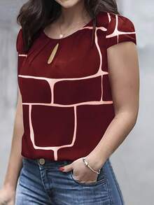 Women's Fashion Pleated Crew Neck Top, Geometric Pattern Short Sleeve Polyester Blouse, Regular Fit Suitable For Casual Weekend Wear, Spring/Summer/Autumn Vacation - Dark Red - View 2