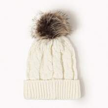 Fashionable & Cute Unisex Cable Knit Beanie Hat/Knit Cap With Faux Fur Pom Pom, Thick Ear Flap Design, Suitable For Spring Outings, Matching Spring Outfits, Outdoor Activities, Commuting, School, Work, Spring Travel, Hiking, Cycling, Ideal For Sweet Girls/Ladies, Great Gift For Mom/Mother's Day,Summer,Beach - White - View 7