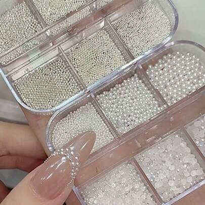 2盒/1套仿珍珠美甲配件，半圆形和全圆形珠饰